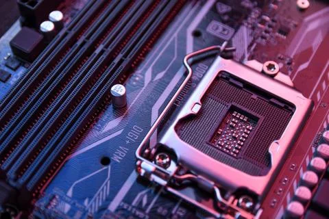 Computer Central Processor socket on motherboard and electronical components 스톡 사진