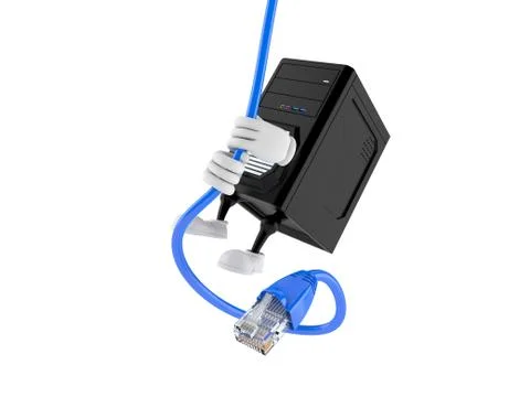 Computer character hanging on network cable Illustrazione stock