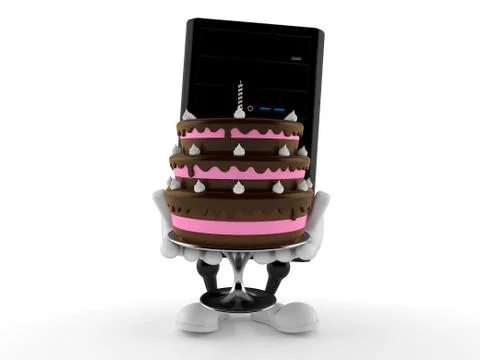 Computer character holding cake Illustrazione stock