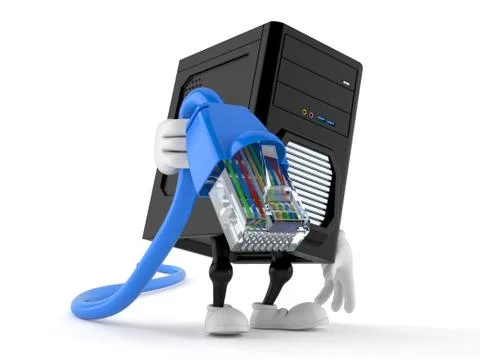 Computer character holding network cable Stock Illustration