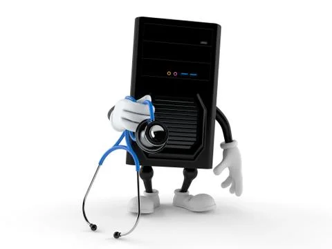 Computer character holding stethoscope Illustrazione stock