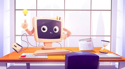 Computer character at office desk, cute pc desktop Stock Illustration
