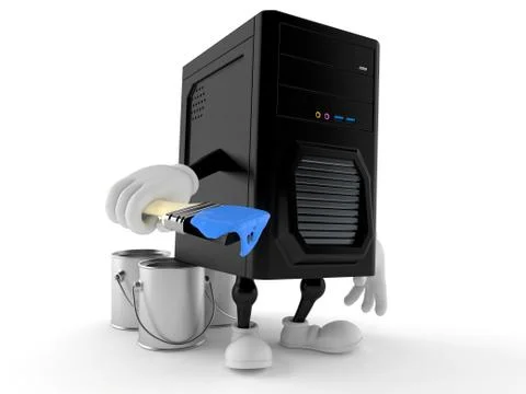 Computer character with paint buckets 스톡 일러스트