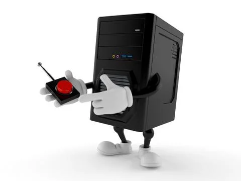 Computer character pushing button on white background Illustrazione stock