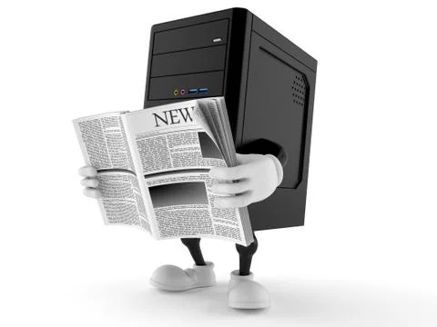 Computer character reading newspaper Stock Illustration