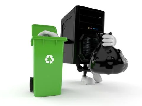 Computer character with trash can and bag Stock-Illustration