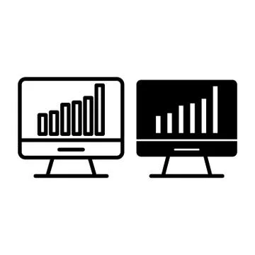 Computer chart line and glyph icon. Computer with graph vector illustration Illustrazione stock
