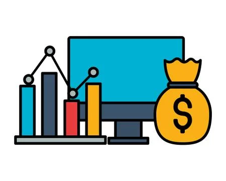 Computer chart money bag stock market Illustrazione stock