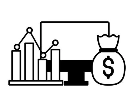 Computer chart money bag stock market Illustrazione stock
