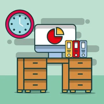 Computer chart report binders clock desk furniture office イラスト素材