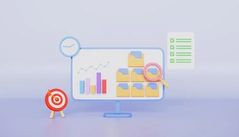 Computer with charts graph, magnifying glass, Analysis business financial Illustrazione stock