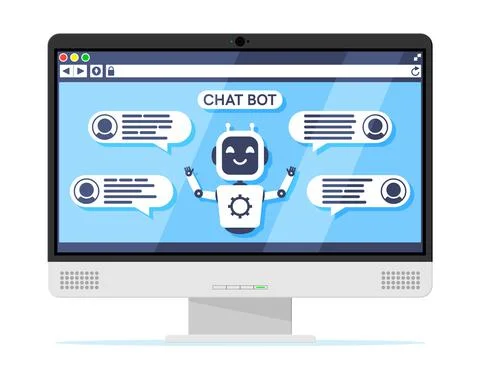 Computer with Chat Bot Speak in Bubble on Screen Stock Illustration