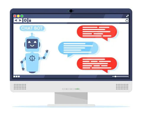 Computer with Chat Bot Speak in Bubble on Screen イラスト素材