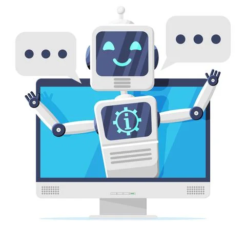 Computer with Chat Bot Speak in Bubble on Screen. Stock Illustration