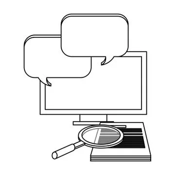Computer with chat bubbles and magnifying glass with document black and white Stock Illustration