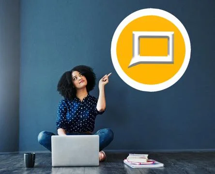 Computer, chat icon and black woman isolated on a wall background for Stock Photos