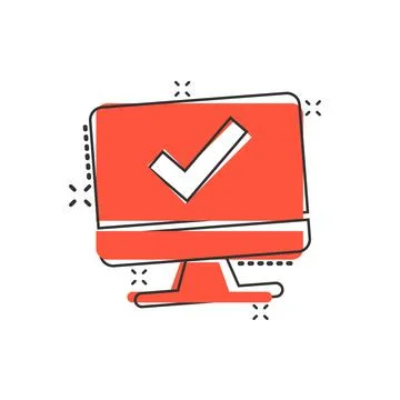 Computer check mark icon in comic style. Survey approval cartoon vector illus Illustrazione stock