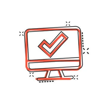 Computer check mark icon in comic style. Survey approval cartoon vector illus 스톡 일러스트