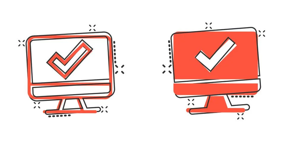 Computer check mark icon in comic style. Survey approval cartoon vector illus Stock Illustration