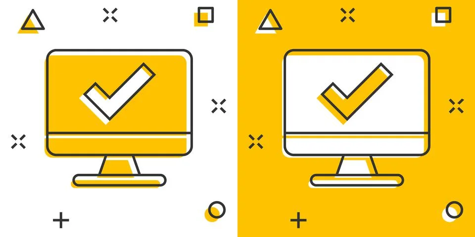 Computer check mark icon in comic style. Survey approval cartoon vector illus Stock Illustration