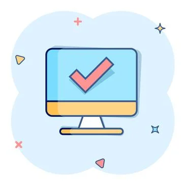 Computer check mark icon in comic style. Survey approval cartoon vector illus Stock Illustration