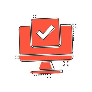 Computer check mark icon in comic style. Survey approval cartoon vector ill.. Illustrazione stock