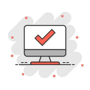Computer check mark icon in comic style. Survey approval cartoon vector ill.. Stock Illustration