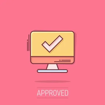Computer check mark icon in comic style. Survey approval cartoon vector ill.. Stock Illustration