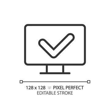 Computer with check mark pixel perfect linear icon 스톡 일러스트