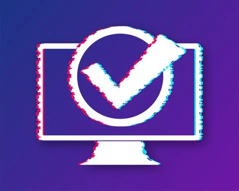 Computer with checkmark or tick notification in bubble. Approved choice. Accept イラスト素材