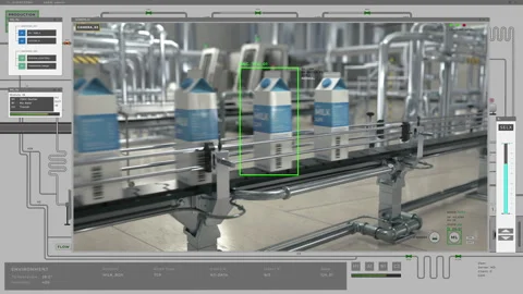 Computer Checks Information On Milk Products Manufactured On Automated Line Stock Footage 266319909