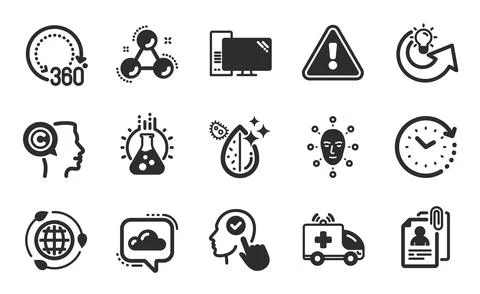 Computer, Chemistry lab and Interview documents icons set. Dirty water, 360 Stock Illustration