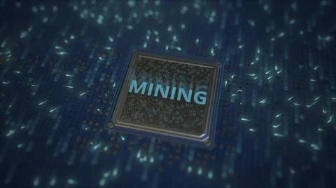 Computer chip and board with MINING text, 3d rendering Illustrazione stock