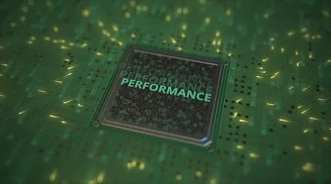 Computer chip and board with PERFORMANCE text, 3d rendering Illustrazione stock