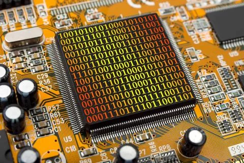 Computer chip and bytes Computer chip and binary digits, technology concep... 库存照片