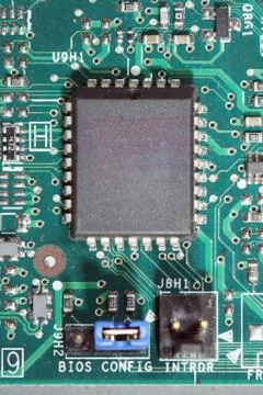 Computer chip and circuit board Stock Photos