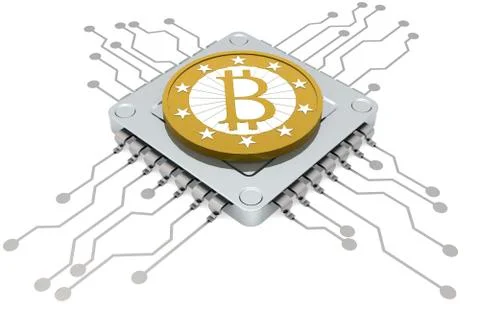 Computer chip and golden Bitcoin isolated Stock Illustration