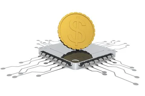 Computer chip and golden coin isolated 스톡 일러스트
