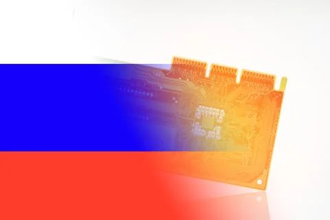 Computer chip on the background of the Russian flag, the concept Foto stock