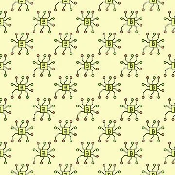 Computer Chip with Bitcoin sign vector Cryptocurrency colored seamless patter Stock Illustration