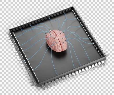 Computer chip with a brain inside. Artificial intelligence concept. 3D illu.. 스톡 일러스트