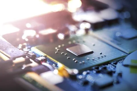 Computer chip on a circuit board, close up, Computer technology 写真素材