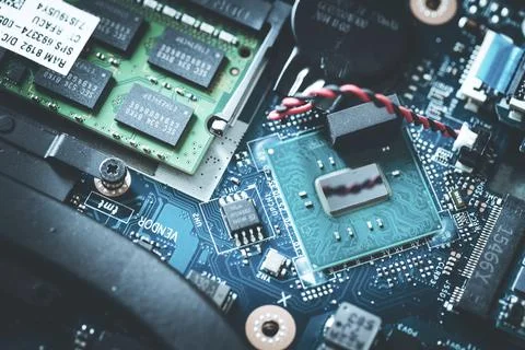 Computer chip on a circuit board, close up, Computer technology Stock Photos