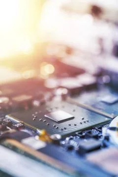 Computer chip on a circuit board, close up, Computer technology Foto stock
