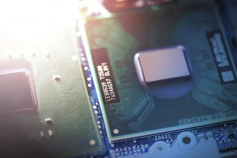 Computer chip on a circuit board, close up, Computer technology Foto stock