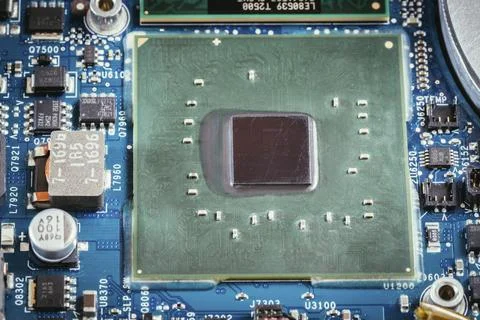 Computer chip on a circuit board, close up, Computer technology Foto stock