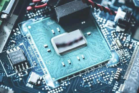 Computer chip on a circuit board, close up, Computer technology Stock Photos