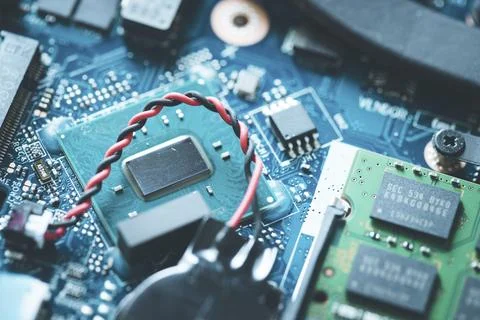 Computer chip on a circuit board, close up, Computer technology 스톡 사진