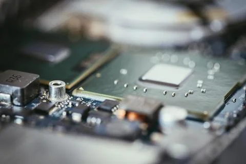 Computer chip on a circuit board, close up, Computer technology Foto stock