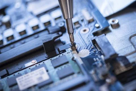 Computer chip on a circuit board, close up, Computer technology Stock Photos